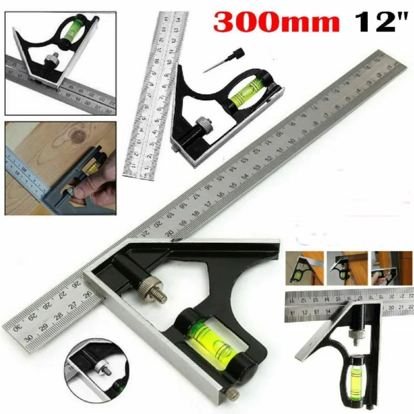 Square Ruler Set Kit 300mm Adjustable Engineers Combination Try None Right Angle Ruler with Spirit Level and Scriber