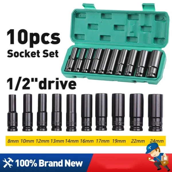 10PCS  14PCS Long Impact Socket Set Black Deep Box Set Tool Set Socket Wrench Set Tool Converter Reducer